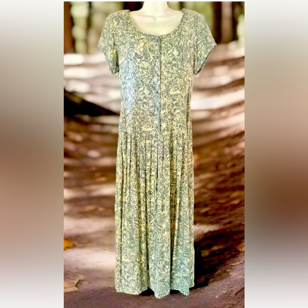 👒CINDY👒 VTG DROP WAIST CAP SLEEVE PLEAT SKIRT COVERED BUTTONS PEASANT DRESS👗